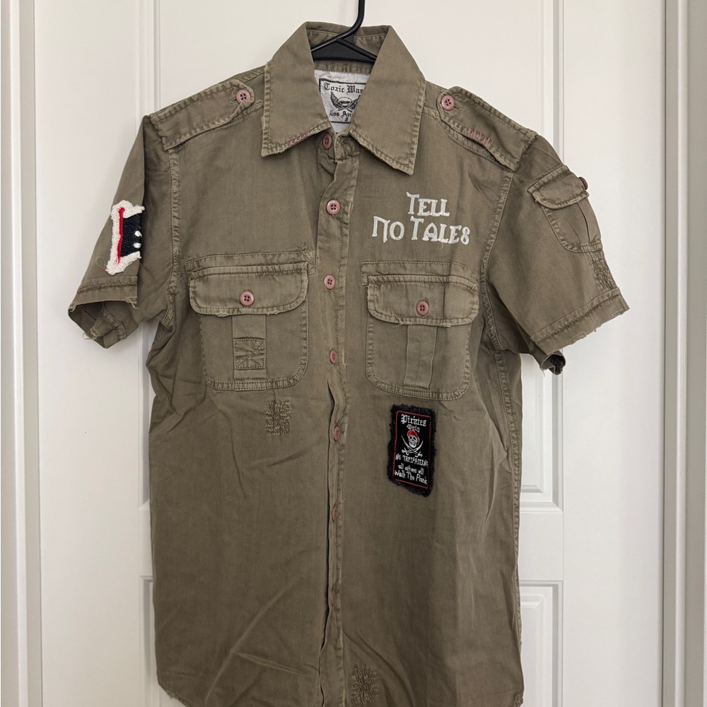 Tell No Tales Olive Patchwork Short-Sleeve Military Shirt Pirates of Caribbean